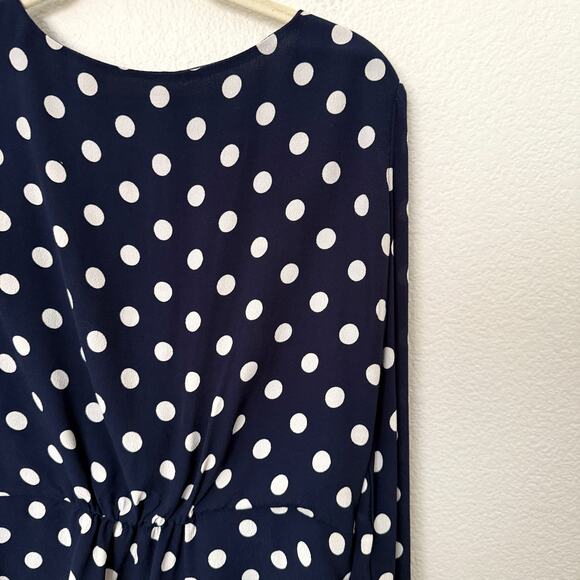 [J. Crew] Navy Blue White Polka Dot Long Sleeve Crepe Peplum V-Neck Blouse Sz 12 - Picture 9 of 12